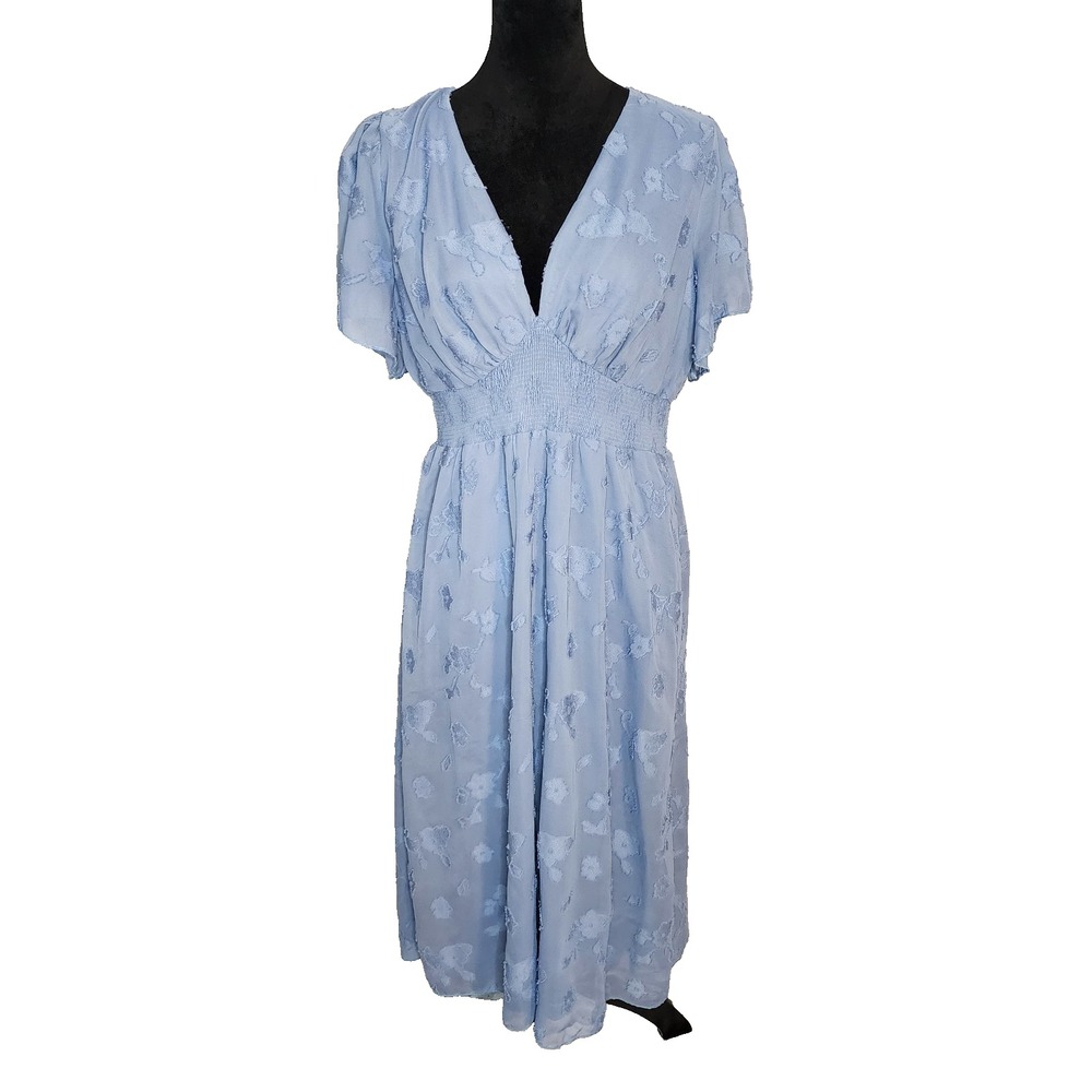 BALTIC BORN Size XL June Smocked Midi Dress Blue Floral Deep Plunge Cottagecore